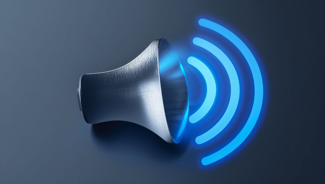 Metallic Speaker Cone Emitting Neon Blue Sound Waves on Matte Navy Background