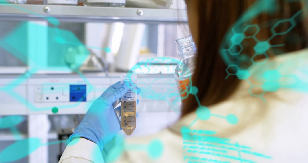 Female Scientist Conducting Experiment with Chemical Formula Overlay