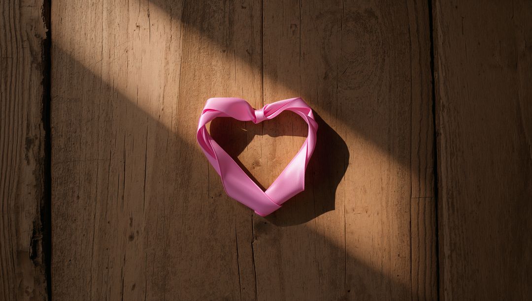 Pink Ribbon Heart on Wooden Planks with Diagonal Light