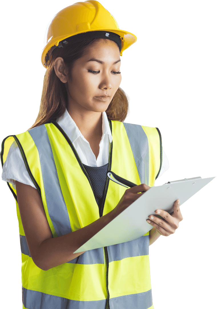 Transparent Construction Engineer Wearing Safety Vest Writing on Clipboard