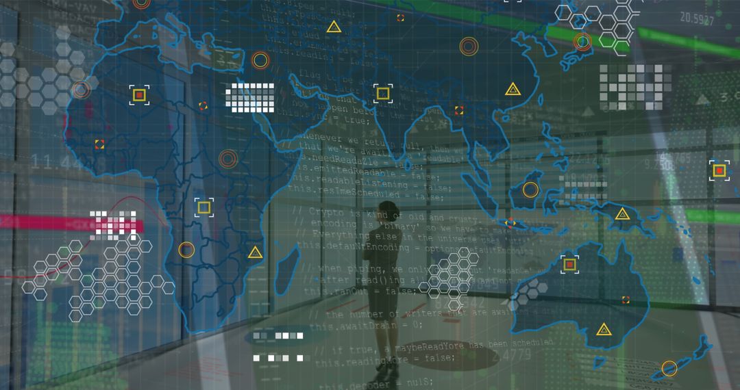 Futuristic Data Analyst with Digital Map Projection in Control Room