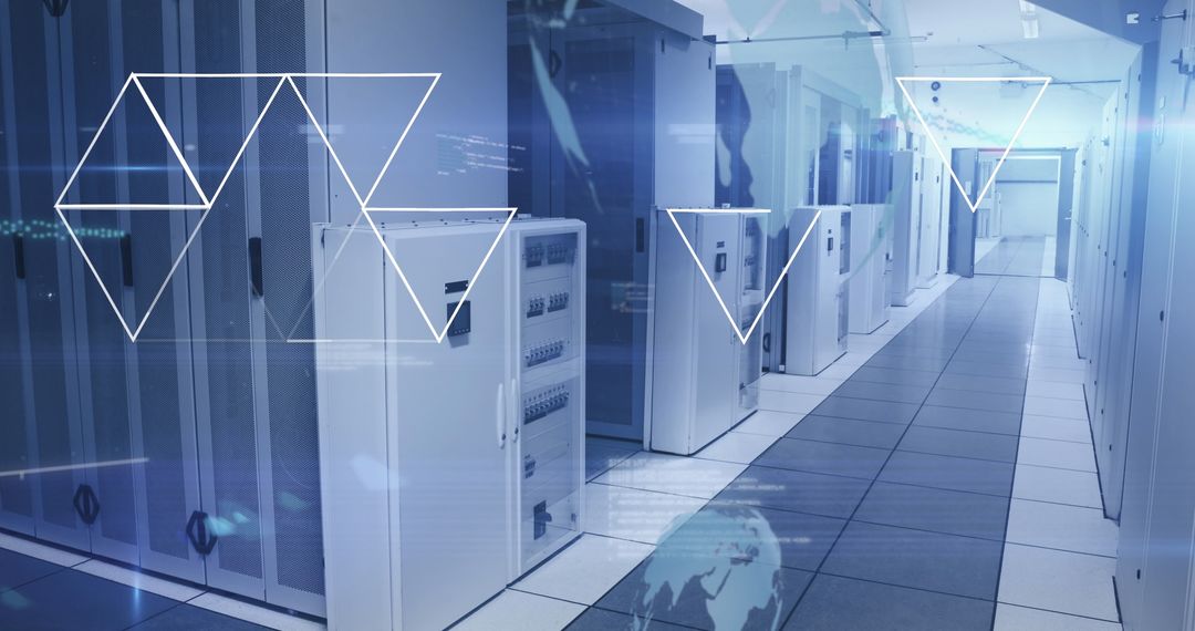 Futuristic Data Center with Geometric Digital Overlays