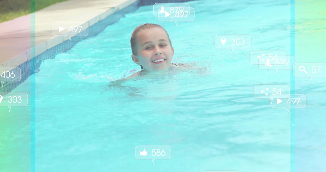 Smiling girl swimming in backyard pool with social media icons and turquoise water