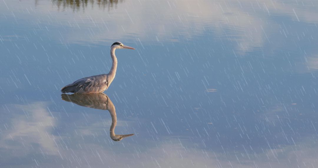 Heron Stands in Rain over Reflective Water Surface