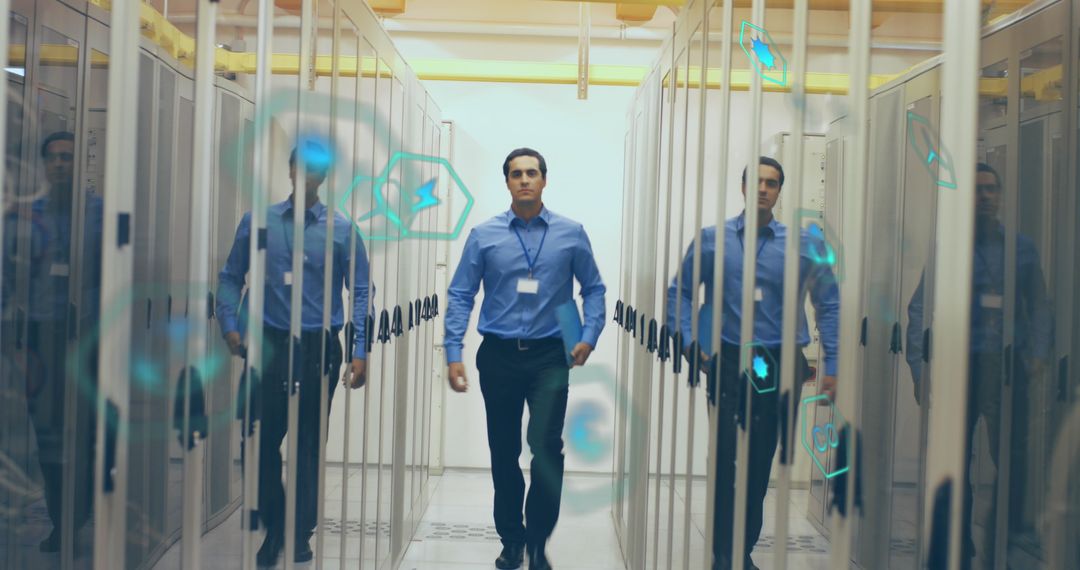 Businessman Navigating Data Server Room with Futuristic Interface