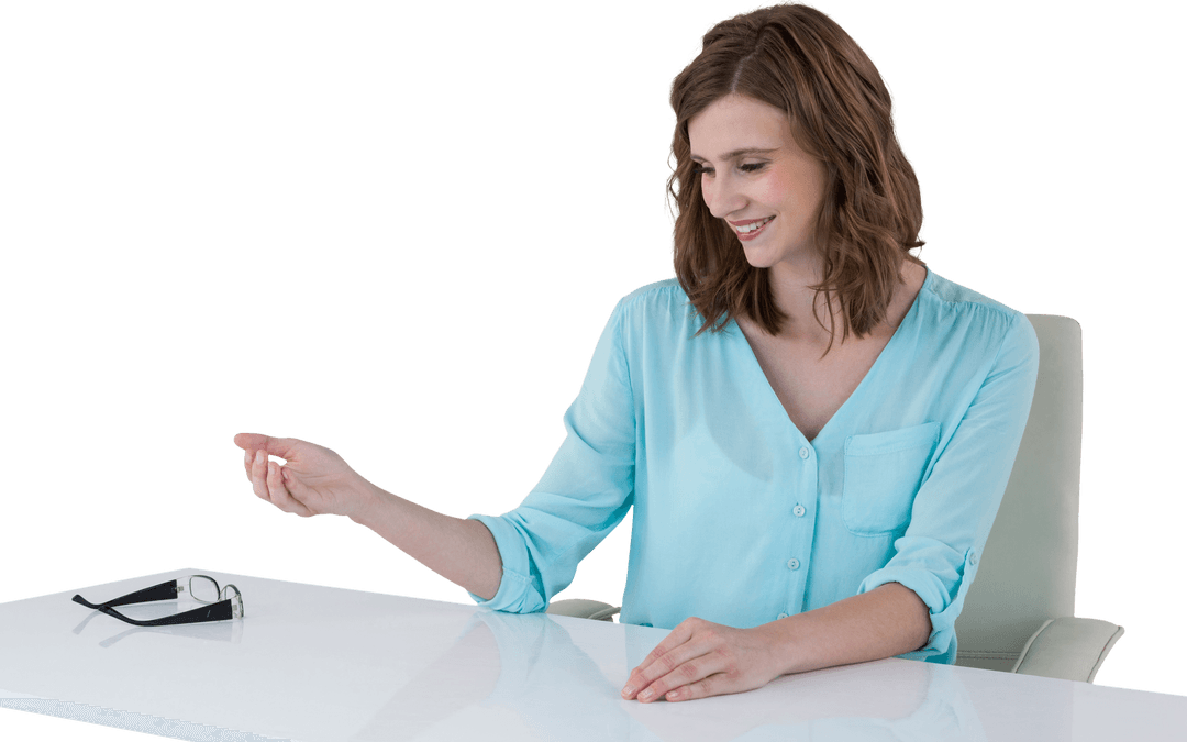 Smiling Businesswoman Using Transparent Digital Interface at Desk
