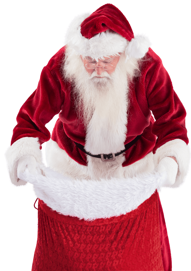 Santa Claus Looking into Gift Bag Transparent Background