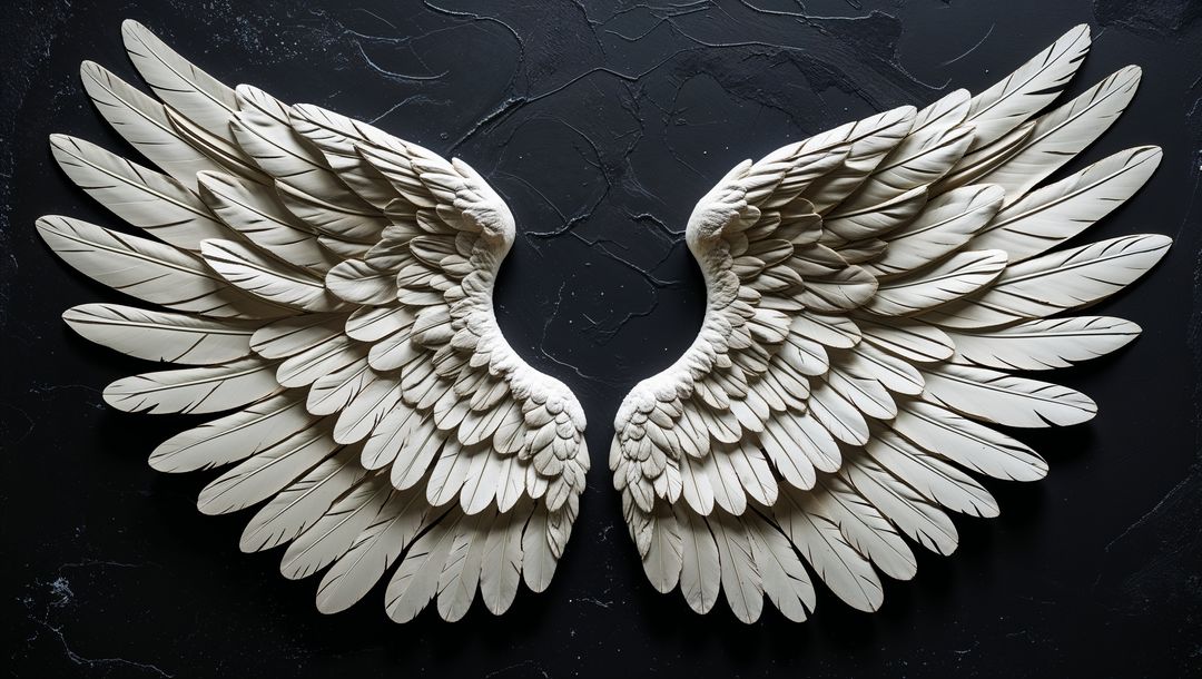 Ornamental angel wings on textured dark slate surface