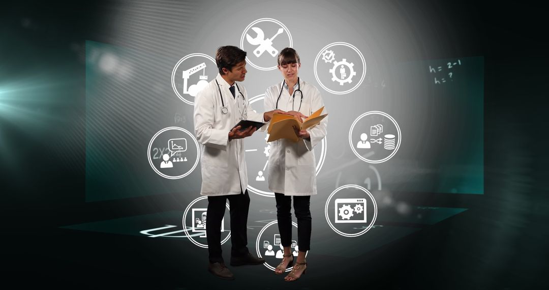 Two Doctors Discussing in Digital Interface Environment