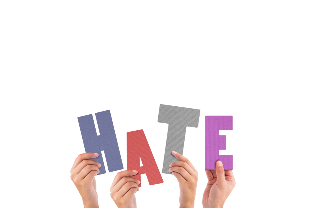 Hands Holding Colorful Transparent Letters Spelling Hate