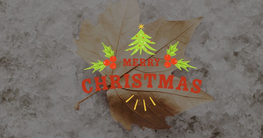 Festive Merry Christmas Greeting on Autumn Leaf with Snow