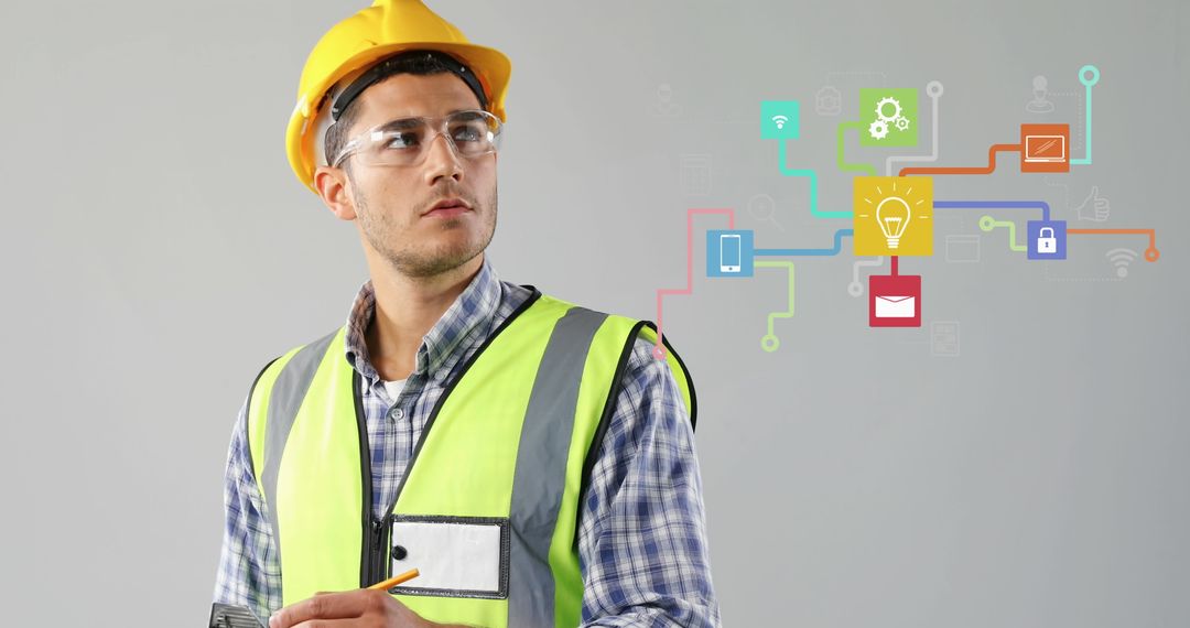 Engineer Interacting with Digital Network Concept Icons