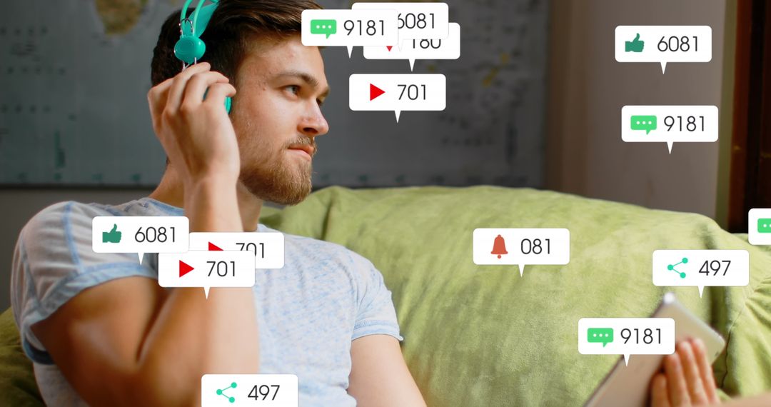 Man Engaging with Social Media Content on Tablet at Home