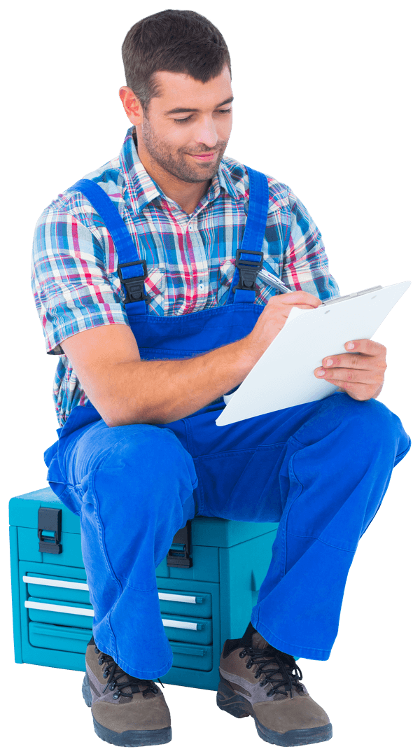Handyman Sitting on Toolbox Reviewing Document, Transparent Background - Download Free Stock Images Pikwizard.com