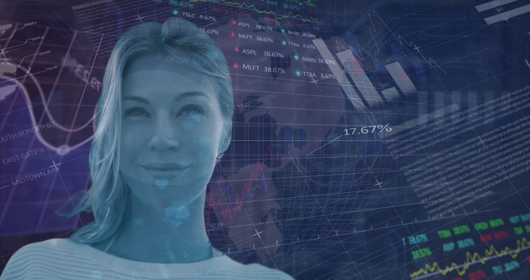 Confident Woman Amidst Digital Data Streams