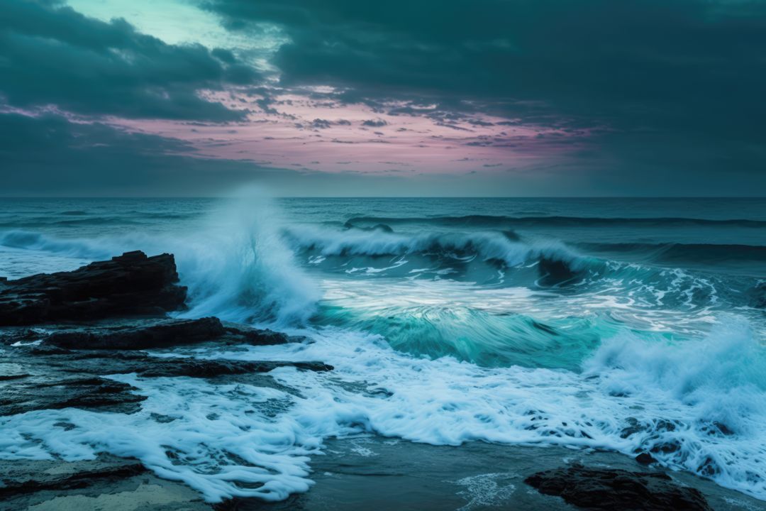 Turquoise Waves Crashing Against Rocky Shore at Twilight - Free Images, Stock Photos and Pictures on Pikwizard.com