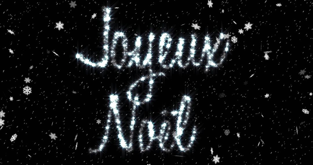 Joyeux Noel Sparkling Text with Falling Snowflakes on Black