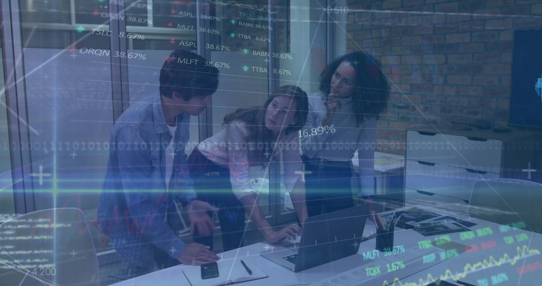 Team Analyzing Digital Stock Data in Modern Conference Room