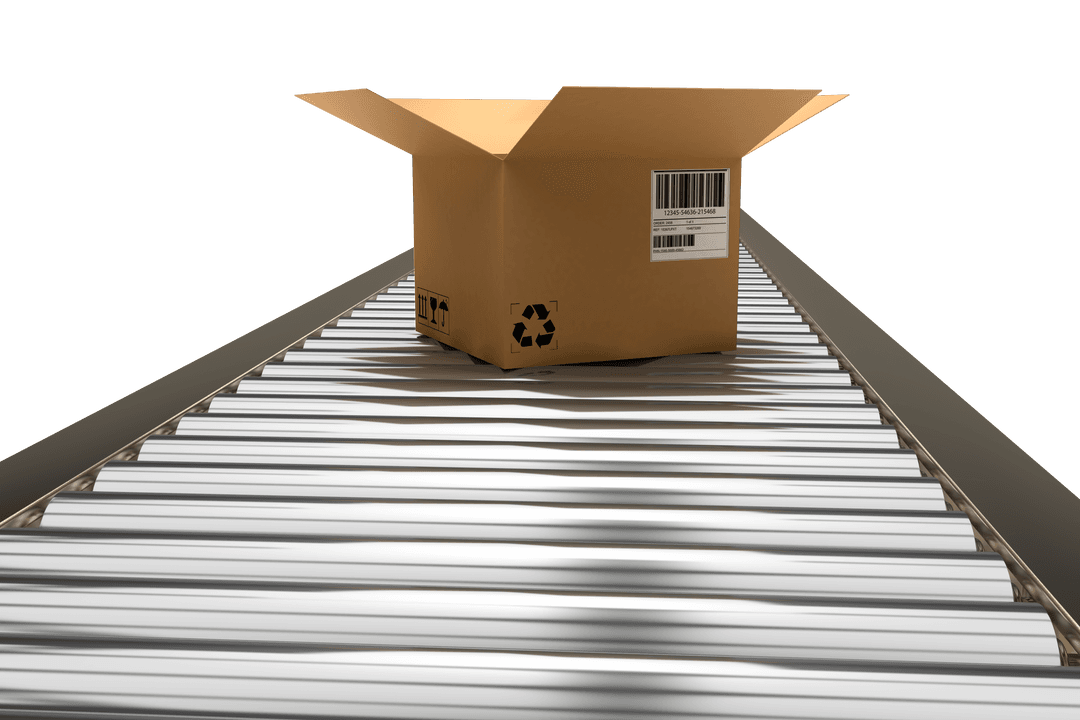 Transparent Open Cardboard Parcel on Conveyor Belt with Reflections