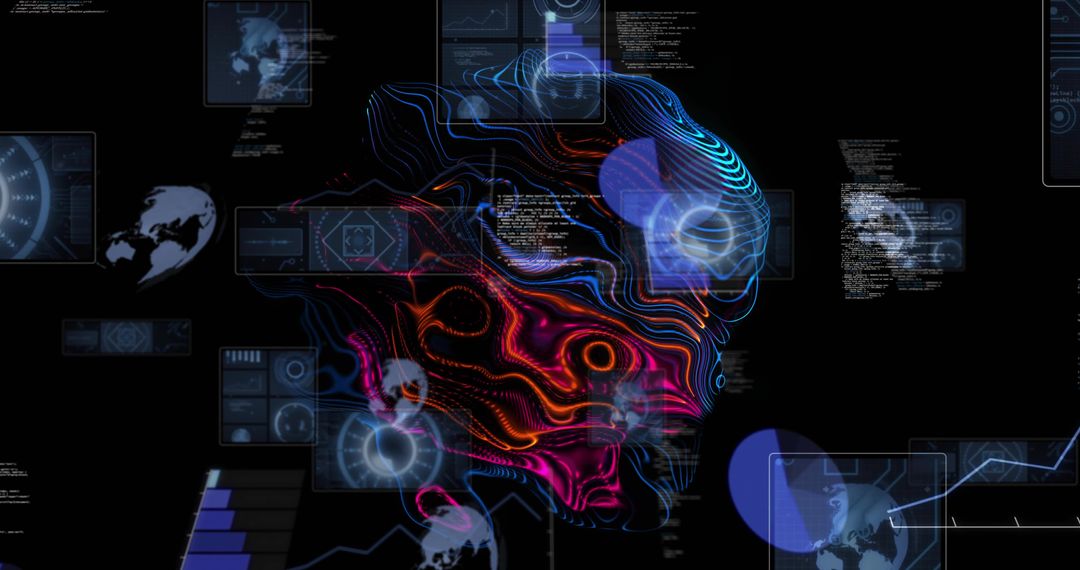 Neon Neural Topography Flowing Through Futuristic Holographic Data HUD Interface