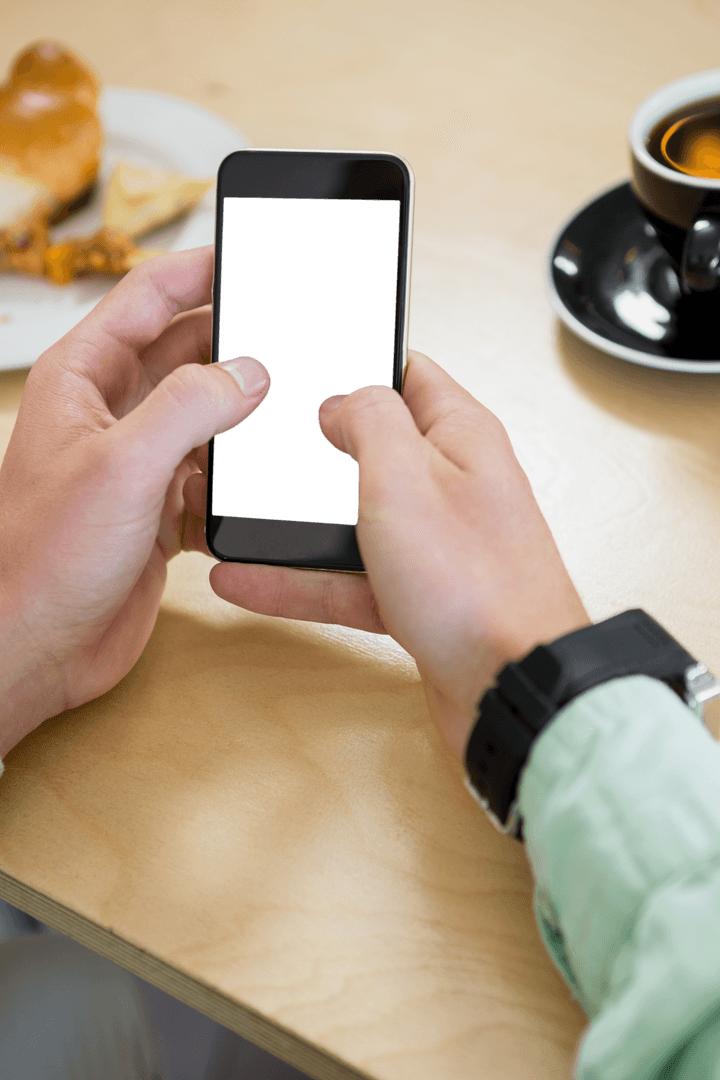 Man Holding Mobile Phone, Coffee Background, Transparent Empty Screen