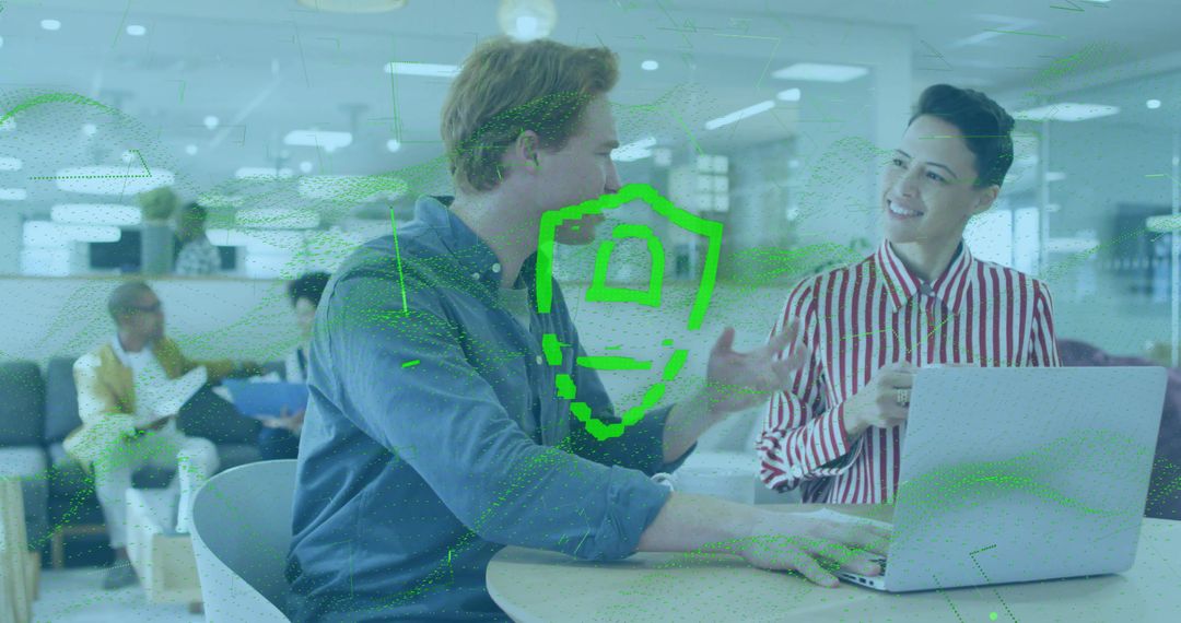 Colleagues Collaborating in Modern Office with Digital Security Overlay