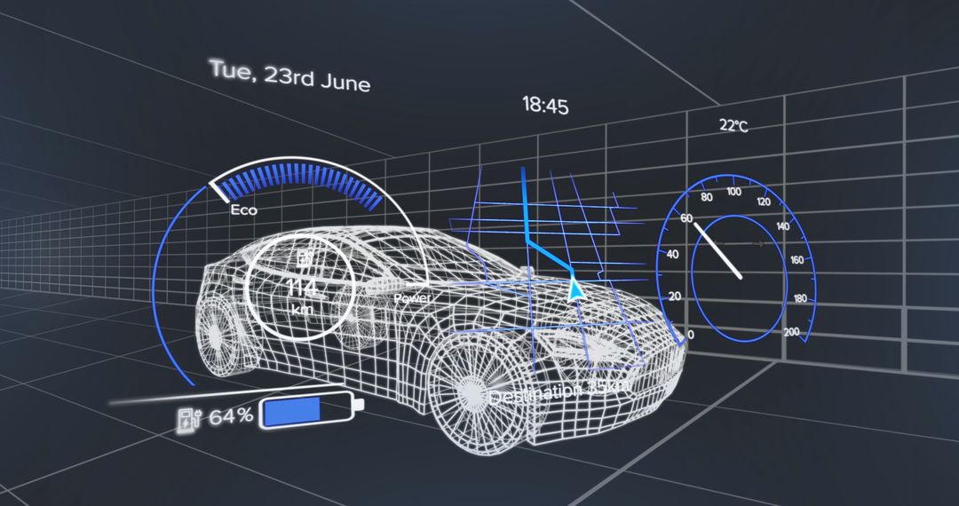 Futuristic Car Infographic Display with Technology Interfaces