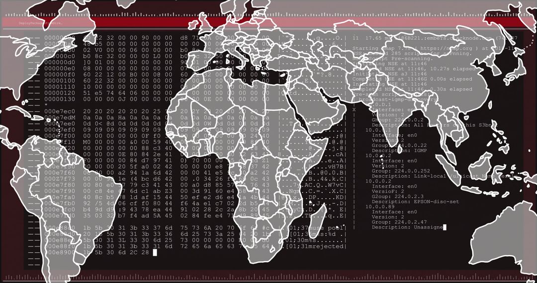 World Map Overlay with Hex Dump on Digital Interface