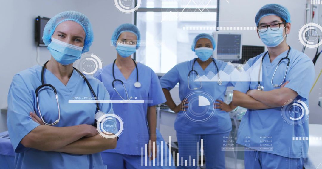 Standing medical team in intensive care wearing blue scrubs and masks with HUD overlays