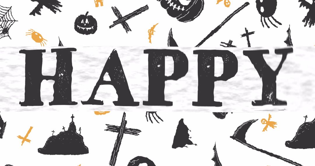 Happy Halloween Text with Spooky Icons on White Background