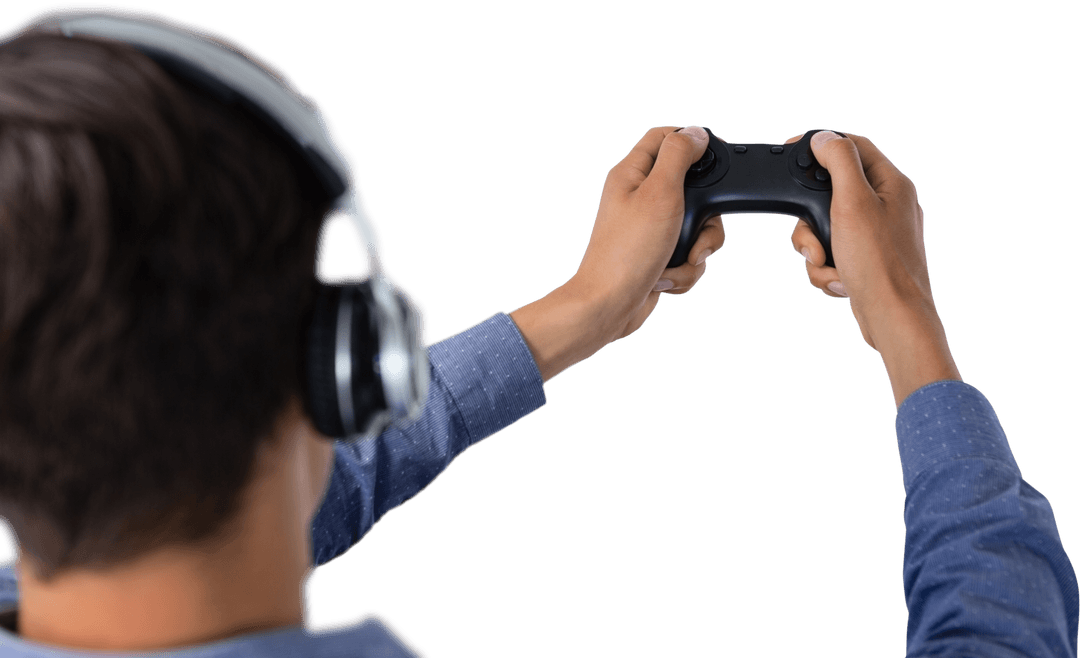 Transparent View Young Man Playing Video Game Wearing Headphones
