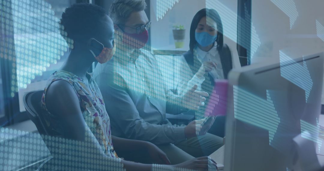 Diverse Team Analyzing Digital Financial Data with Masks