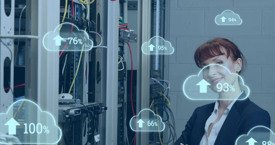 Confident Businesswoman in Server Room with Cloud Computing Concepts