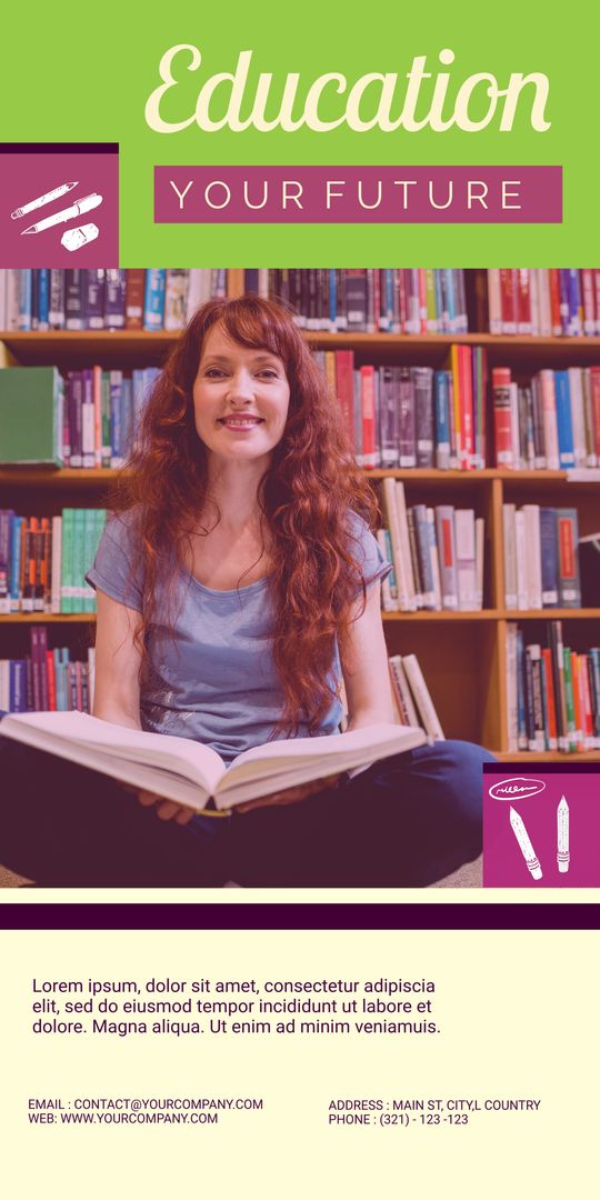 Young woman reading in library promoting knowledge and learning