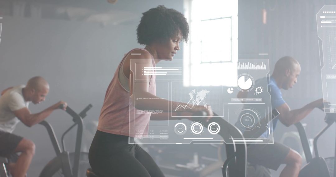 Diverse Fitness Enthusiasts Cycling with Digital Data Interface