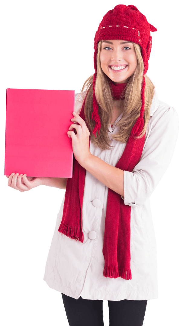Smiling Woman in Red and White Holding Blank Transparent Poster