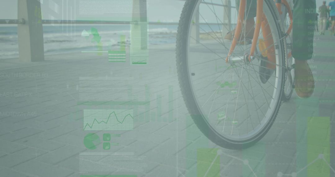 Cyclist Riding Seaside Path with Data Overlay and Stunning View