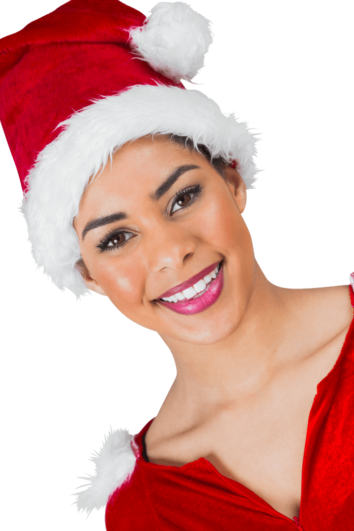 Joyful Biracial Woman in Santa Hat on Transparent Background