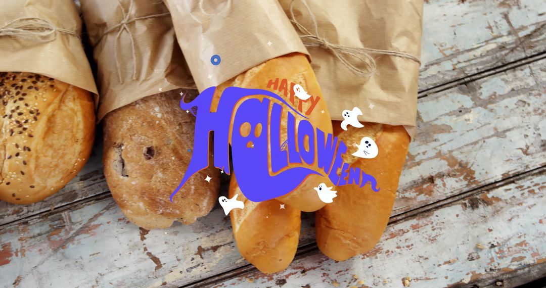 Artisan Loaves with Halloween Ghost Graphic on Rustic Table