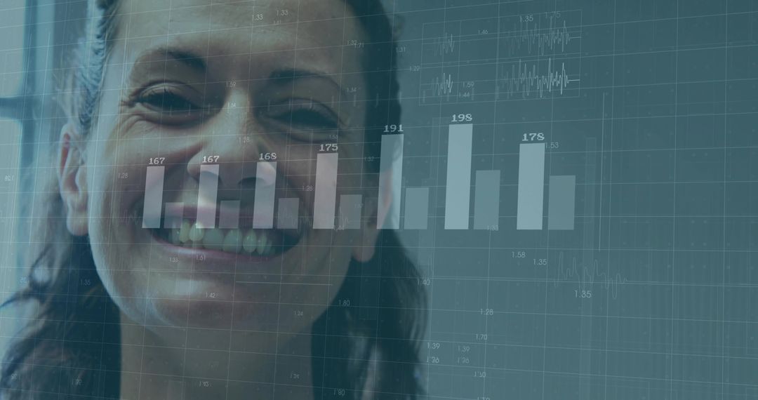Smiling Woman Overlaid with Bar Chart and Digital Analytics