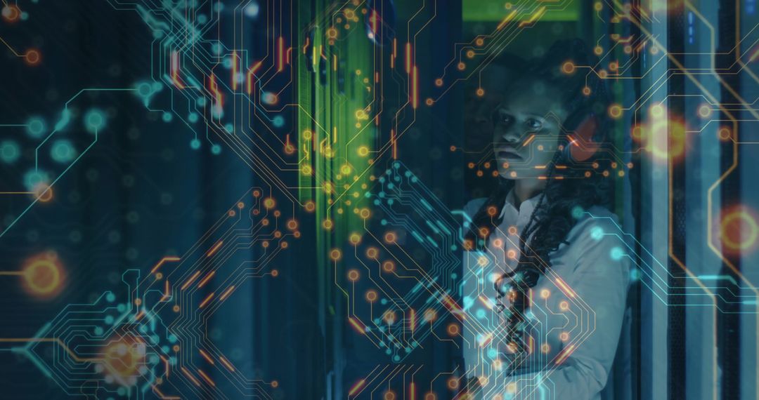 Futuristic Cybersecurity Expert Inspecting Data Center