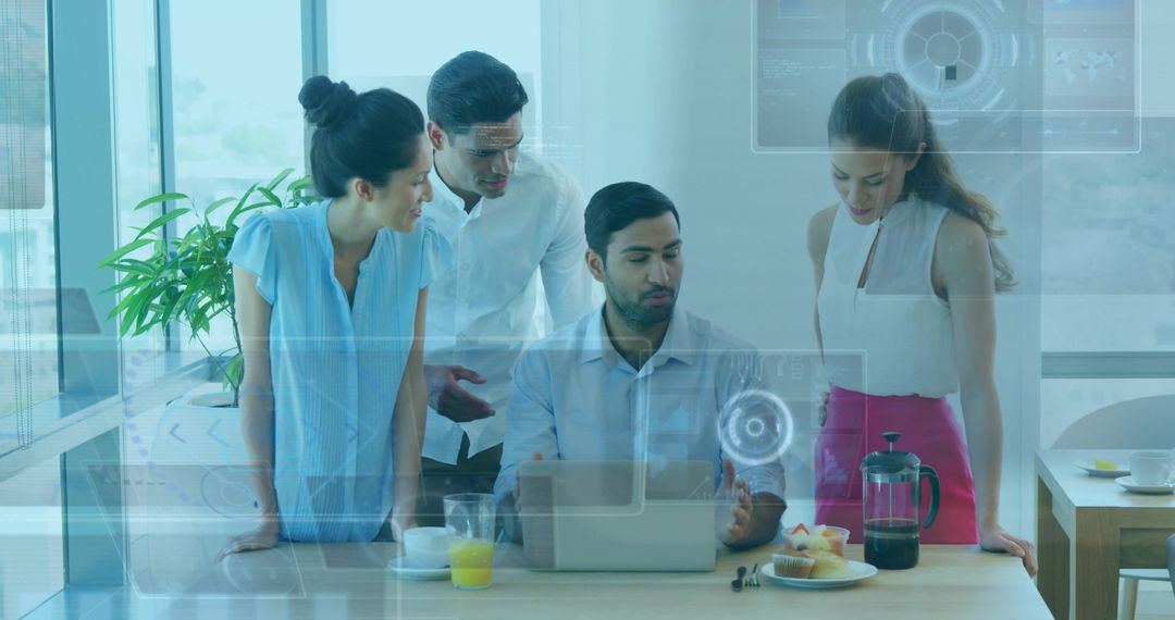Collaborating Team Using Laptop with Futuristic HUD Overlays in Bright Modern Office