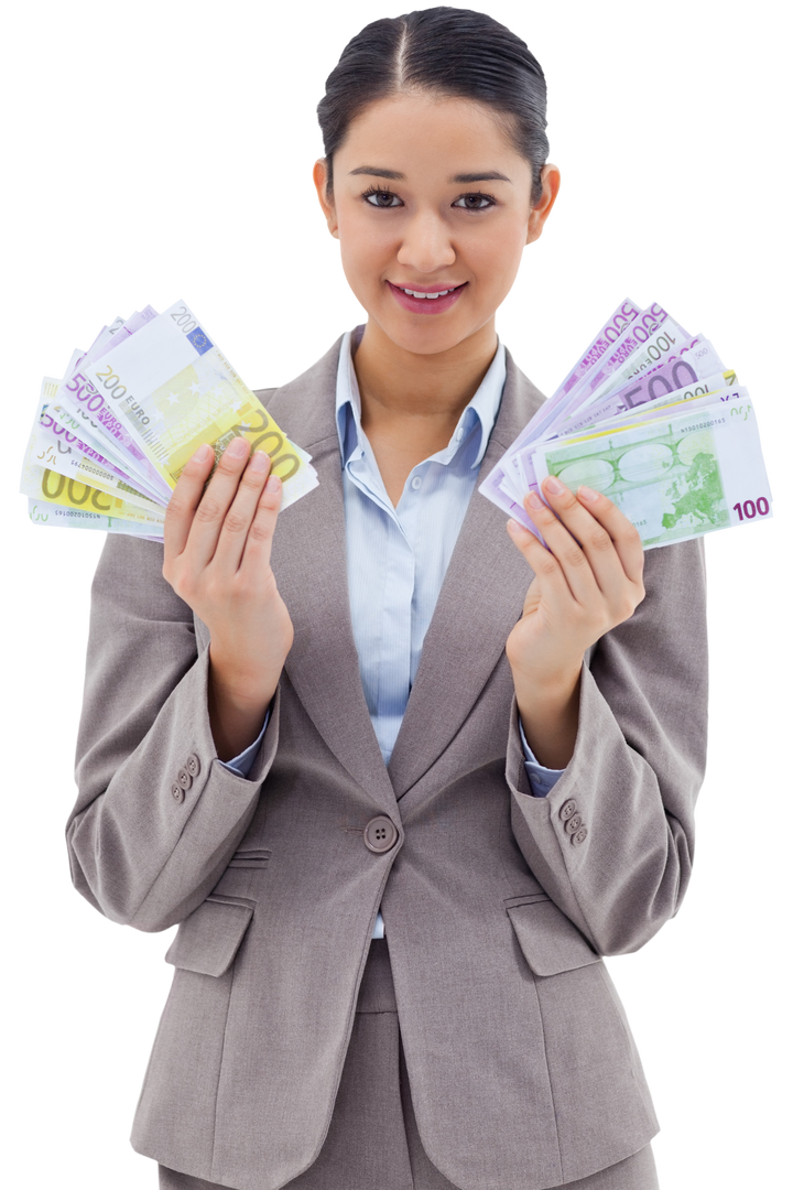 Transparent portrait smiling businesswoman holding European currency notes - Download Free Stock Images Pikwizard.com