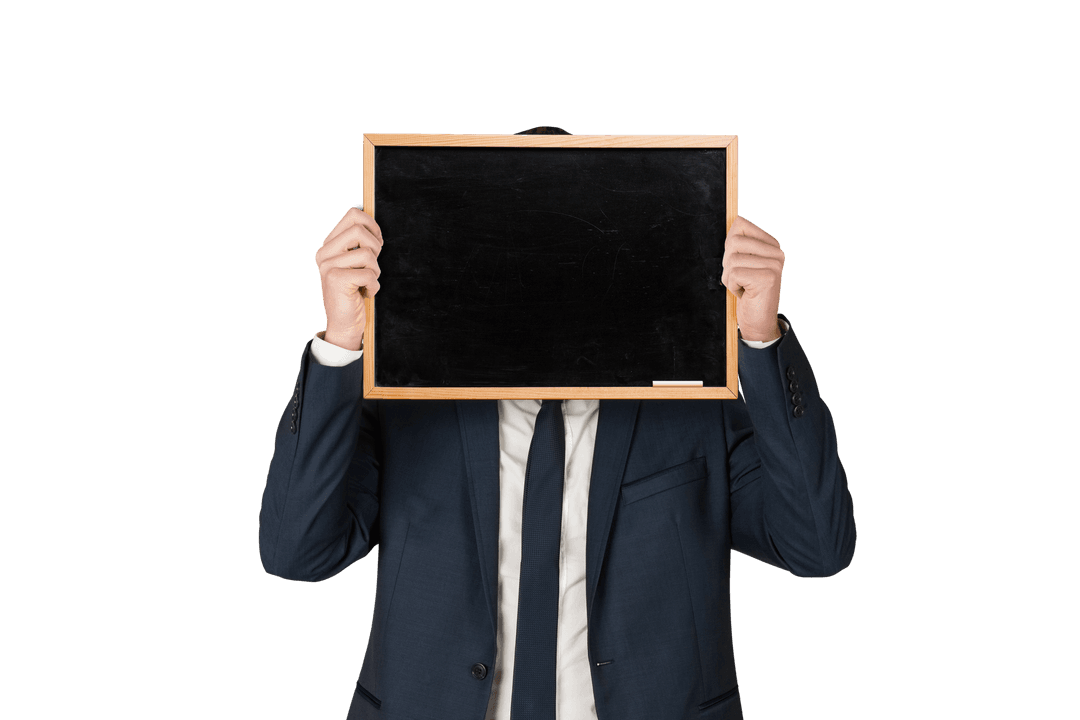 Caucasian Businessman Holding Blank Chalkboard in Front of Face Transparent