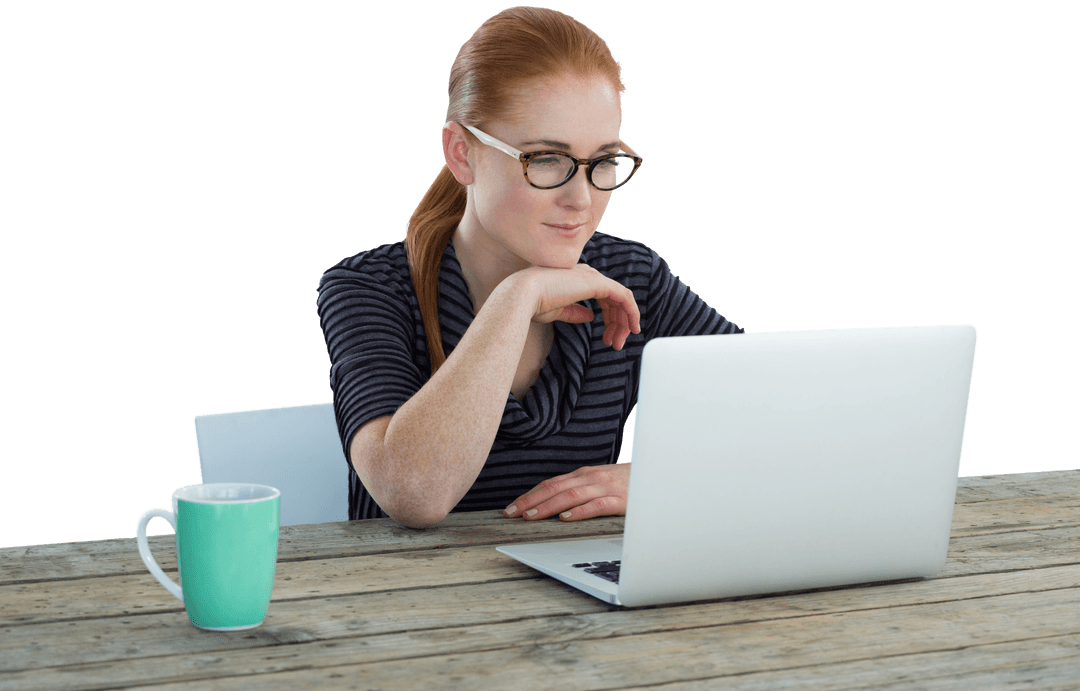 Businesswoman Working on Laptop with Mug on Table Transparent Background