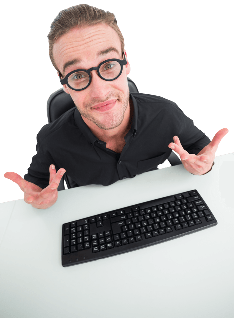 Confused Businessman Gesturing at Desk in Transparent Background