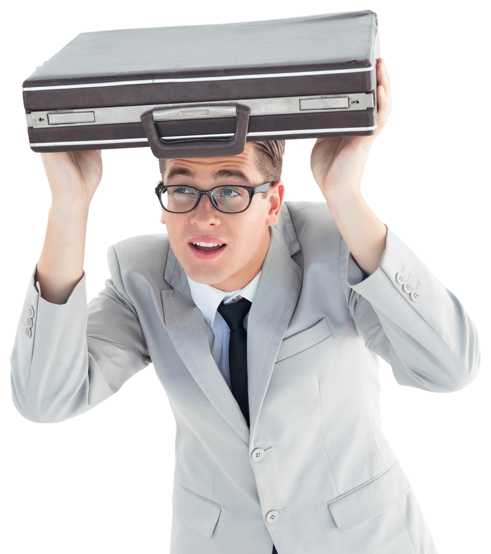Comical Businessman Holding Briefcase Overhead Transparent Background