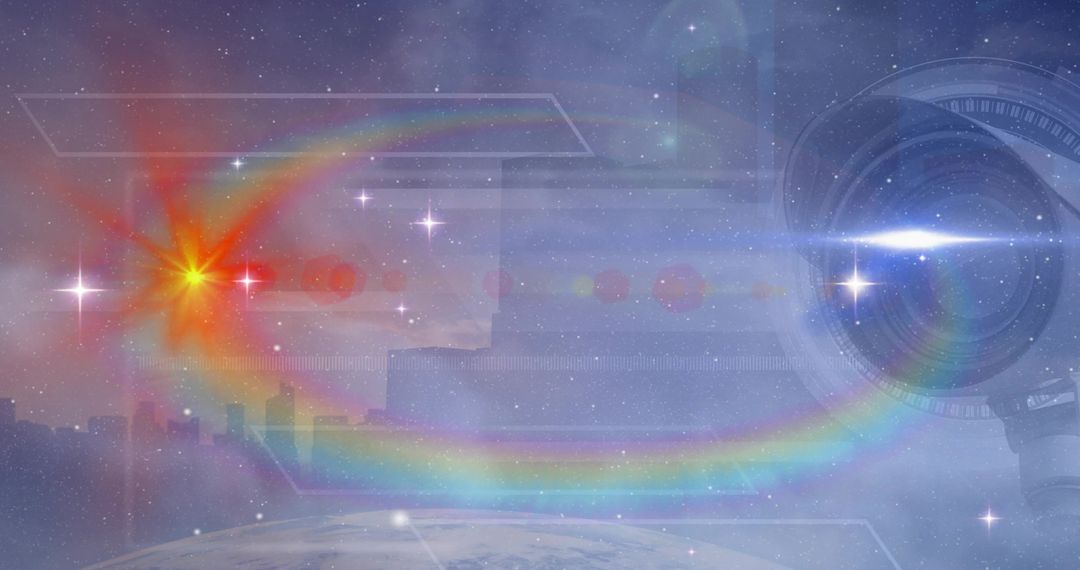 Futuristic Space Technology with Rainbow Arc and Lens Orbiting Earth