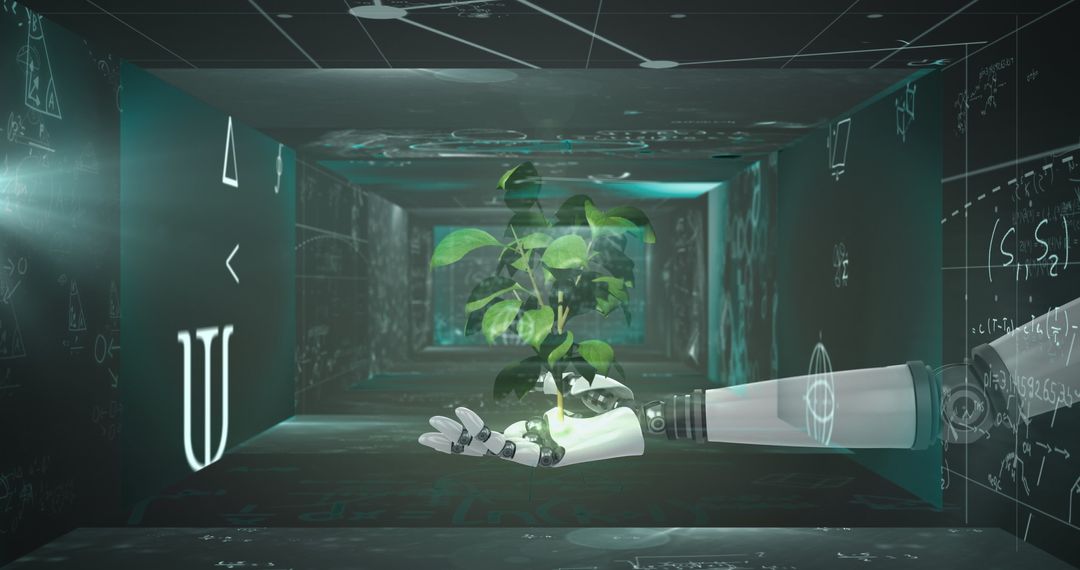 Robotic Hand Nurturing Plant in a Futuristic Digital Lab