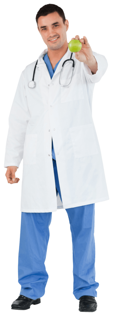 Transparent Doctor Holding Green Apple Promoting Healthy Eating